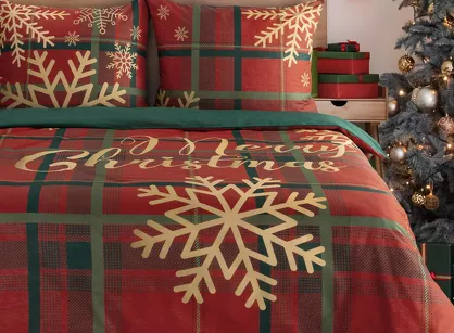 Pościel świąteczna 160x200 ESTRELLA czerwono zielona gwiazdki wzór kraty z bawełny renforce