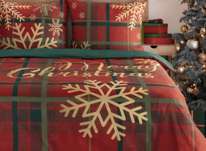 Pościel świąteczna 160x200 ESTRELLA czerwono zielona gwiazdki wzór kraty z bawełny renforce