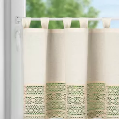 Zazdrostka na szelkach 150x60 MADDELINE beżowa z bawełny zdobiona ażurowym geometrycznym wzorem