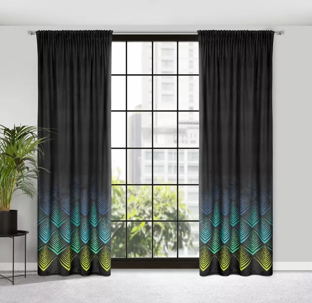 Zasłona na taśmie 140x270 ANGELINA welwetowa czarna z geometrycznym turkusowym nadrukiem