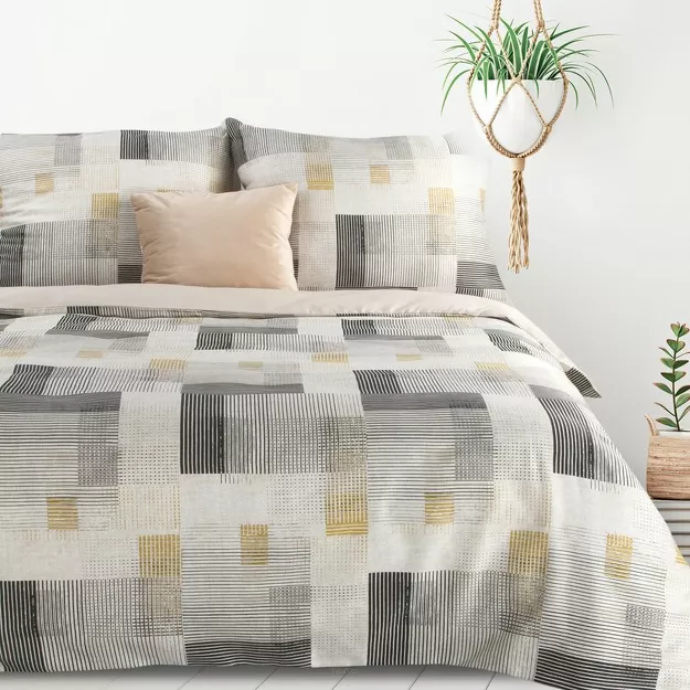 Pościel bawełniana 160x200 LEA 6 czarna musztardowa z wzorem geometrycznym dwustronna Design 91