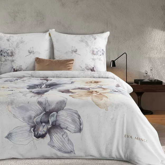 Pościel z makosatyny 220x200 DARIA Eva Minge biała fioletowa wzór botaniczny Premium