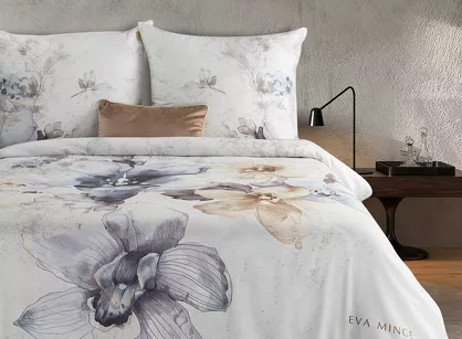 Pościel z makosatyny 220x200 DARIA Eva Minge biała fioletowa wzór botaniczny Premium