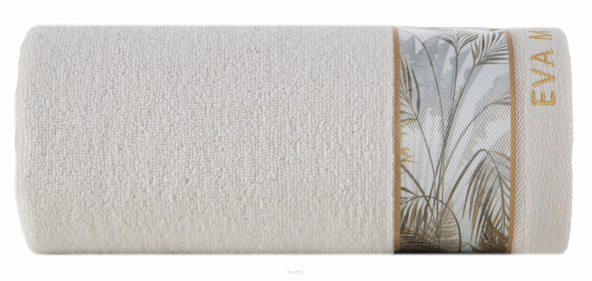 Ręcznik 30x50 EVA 17 Eva Minge beżowy zdobiony bordiurą z botanicznym wzorem w liście z kolekcji Premium 500 g/m2