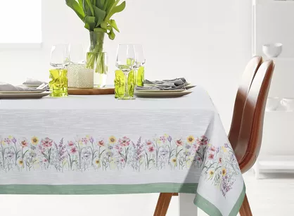 Obrus 140x180 SUMMER 9 naturalny zielony z nadrukowanym wzorem kwiatów polnych