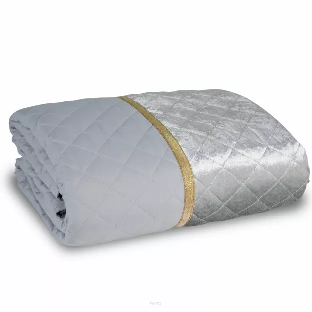 Narzuta welwetowa 220x240 KRISTIN srebrna przeszywana w delikatny wzór z błyszczącą lamówką