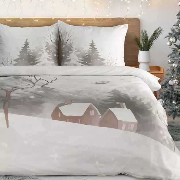 Pościel świąteczna 140x200 INVERNO biało stalowa zimowa sceneria z satyny bawełnianej