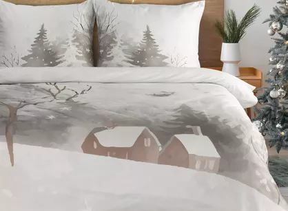 Pościel świąteczna 140x200 INVERNO biało stalowa zimowa sceneria z satyny bawełnianej