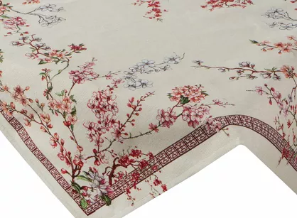 Nakładka gobelinowa 100x100 THAI naturalna różowa wzór kwiatu wiśni