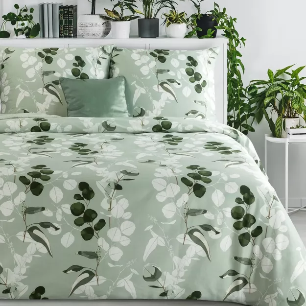 Pościel satynowa 160x200 SPRING 97 jasna zieleń z wzorem zielonych liści z kolekcji Classic
