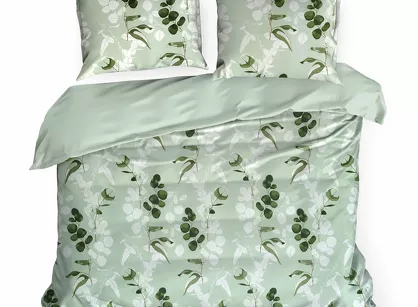Pościel satynowa 160x200 SPRING 97 jasna zieleń z wzorem zielonych liści z kolekcji Classic