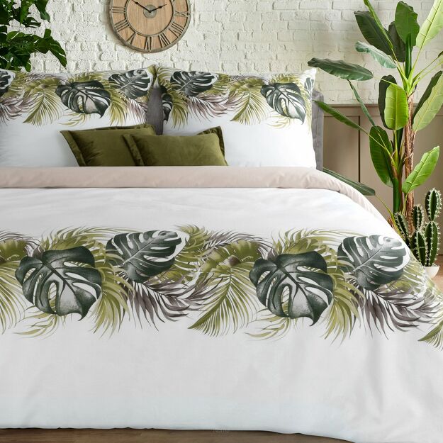 Pościel bawełniana 220x200 AMBER biała oliwkowa z wzorem egzotycznych liści z kolekcji Classic Family