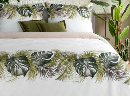 Pościel bawełniana 220x200 AMBER biała oliwkowa z wzorem egzotycznych liści z kolekcji Classic Family