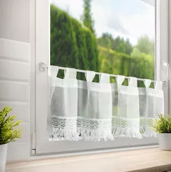 Zazdrostka na szelkach 150x30 ROXANA biała z etaminy zdobiona gipiurą z frędzelkami