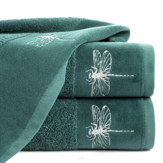Ręcznik 50x90 LORI 1 turkusowy z błyszczącym haftem w kształcie ważki na szenilowej bordiurze