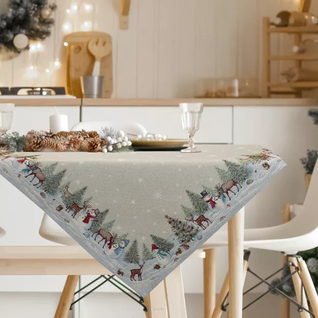 Nakładka świąteczna 100x100 1314 gobelinowa naturalna z wzorem zimowej scenerii