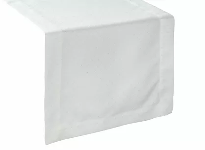Bieżnik elegancki 40x180 ELLEN biały w drobne kropeczki z ozdobną listwą połyskujący srebrną nicią