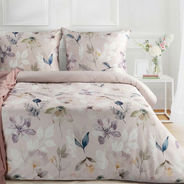 Pościel z makosatyny 220x200 PREMIUM 33 biała jasny różowy kwiatowy wzór Premium