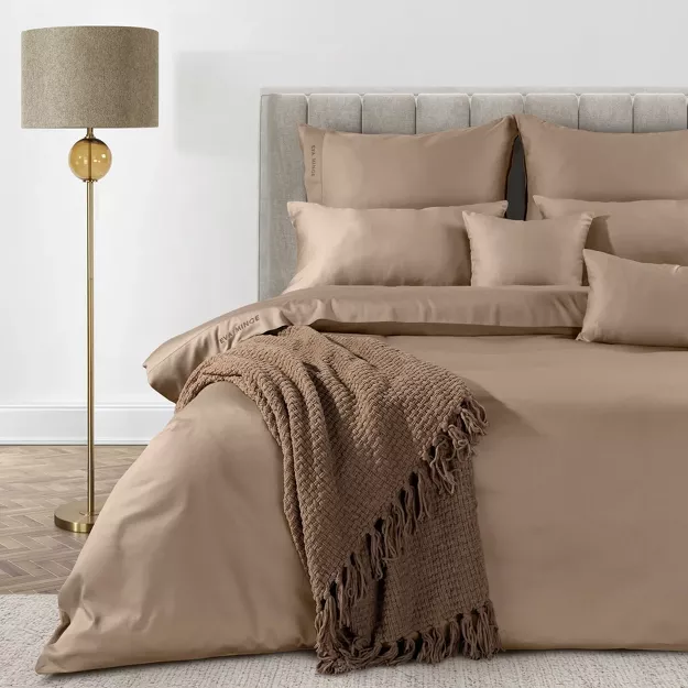 Pościel z makosatyny 160x200 ELEGANT 1E Eva Minge jasny brąz z ozdobną kantą i haftem