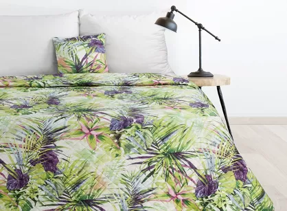 Narzuta pikowana 200x220 ROMMY biała z zielonym fioletowym nadrukiem egzotycznych liści i kwiatów Design 91