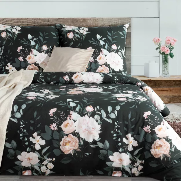 Pościel bawełniana 160x200 ROSITA 1 czarna szałwiowa z wzorem róż z kolekcji Classic