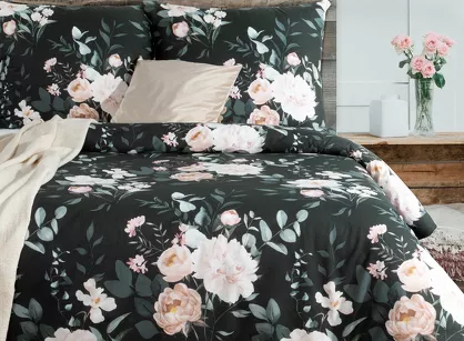 Pościel bawełniana 160x200 ROSITA 1 czarna szałwiowa z wzorem róż z kolekcji Classic