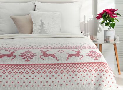 Koc bawełniany 200x220 NOEL 1 kremowy czerwony z wzorem świątecznym