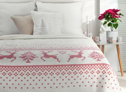 Koc bawełniany 200x220 NOEL 1 kremowy czerwony z wzorem świątecznym