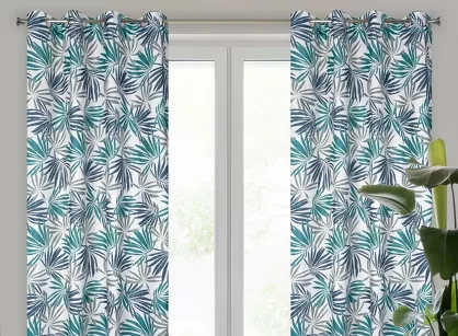 Zasłona na przelotkach 140x250 ELINA biała z mikrofibry z nadrukiem turkusowych liści Design 91