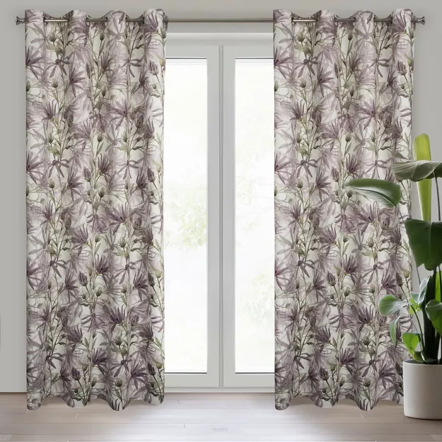 Zasłona na przelotkach 140x250 TESSA welwetowa biała z kwiatowym fioletowym nadrukiem