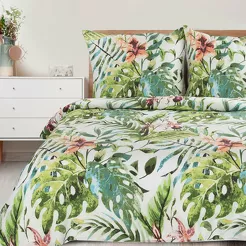 Pościel bawełniana 220x200 SONIA 40 biała w zielone egzotyczne liście