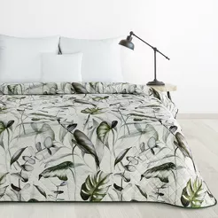 Narzuta welwetowa 220x240 ELLEN biała pikowana z wzorem egzotycznych oliwkowych liści
