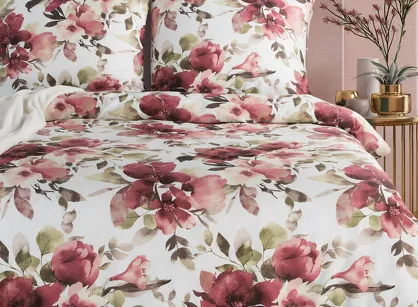 Pościel satynowa 160x200 SPRING 74 biała bordowa nadruk kwiatów