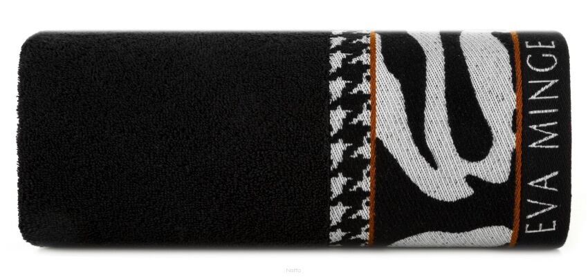 Ręcznik 70x140 EVA 6 Eva Minge czarny zdobiony drukowaną bordiurą z abstrakcyjnym wzorem i paskiem pepitki