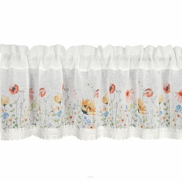 Zazdrostka w tunelu 150x30 NATI biała z etaminy zdobiona koronką z nadrukiem wiosennych kwiatów
