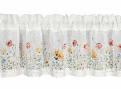 Zazdrostka w tunelu 150x30 NATI biała z etaminy zdobiona koronką z nadrukiem wiosennych kwiatów