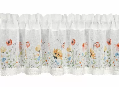 Zazdrostka w tunelu 150x30 NATI biała z etaminy zdobiona koronką z nadrukiem wiosennych kwiatów