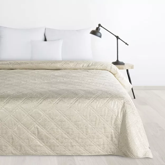 Narzuta welwetowa 170x210 LUIZ kremowa błyszcząca srebrny przecierany wzór