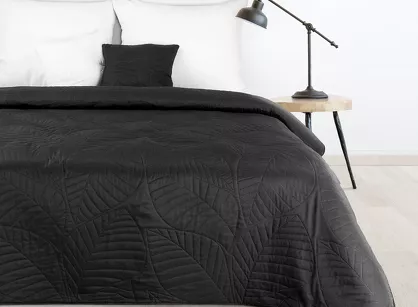 Narzuta 170x210 BONI 6 czarna pikowana z mikrofibry botaniczny wzór liści