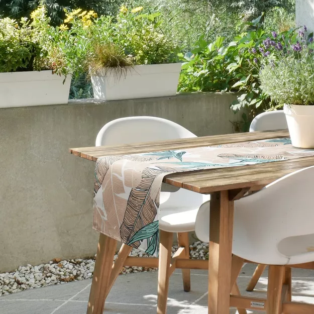 Bieżnik na taras 40x140 GARDEN 14 miętowy wodoodporny z beżowym wzorem liścia bananowca