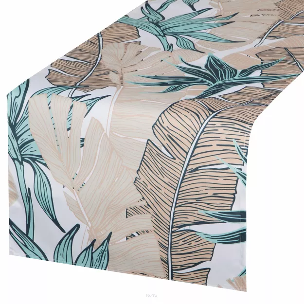 Bieżnik na taras 40x140 GARDEN 14 miętowy wodoodporny z beżowym wzorem liścia bananowca