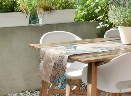 Bieżnik na taras 40x140 GARDEN 14 miętowy wodoodporny z beżowym wzorem liścia bananowca