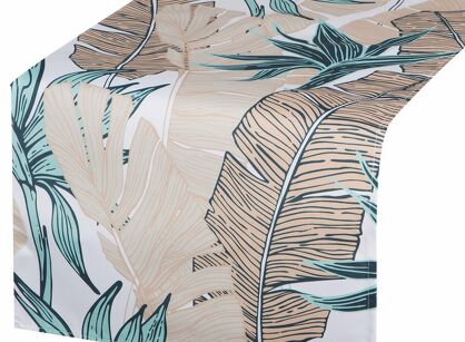 Bieżnik na taras 40x140 GARDEN 14 miętowy wodoodporny z beżowym wzorem liścia bananowca