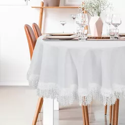 Obrus okrągły fi 150 JASPER biały wykończony wyrazistymi frędzlami z kolekcji Premium