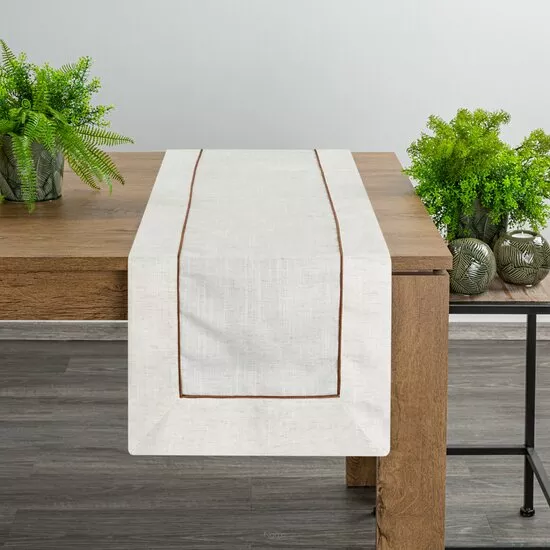 Bieżnik lniany 40x140 NATU 9 naturalny zdobiony szerokim mankietem z brązową lamówką