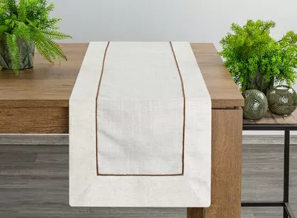 Bieżnik lniany 40x140 NATU 9 naturalny zdobiony szerokim mankietem z brązową lamówką