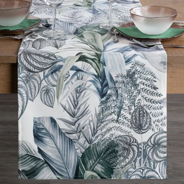 Bieżnik welwetowy 40x140 DAVOS 2 biały pikowany z wzorem egzotycznych zielonych i srebrnych liści