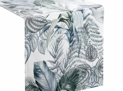 Bieżnik welwetowy 40x140 DAVOS 2 biały pikowany z wzorem egzotycznych zielonych i srebrnych liści