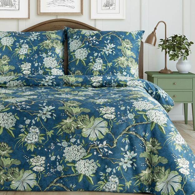 Pościel satynowa 220x200 SPRING 68 niebiesko miętowa nadruk kwiatów