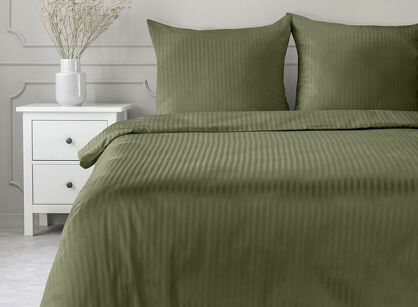Pościel satynowa 160x200 VERA jednokolorowa gładka oliwkowa w prążki